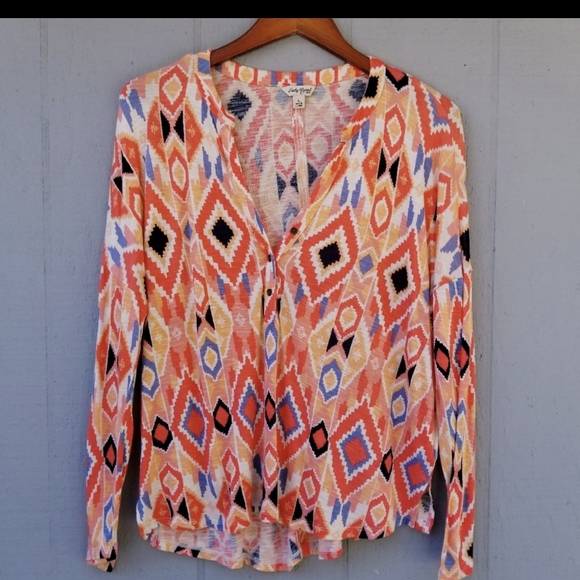 Lucky Brand Diamond Tribal Print Henley Top LS L - Picture 1 of 3
